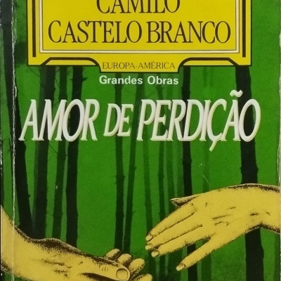 Capa de livro Amro de Perdição de Camilo Castelo Branco com fundo verde e ilustração de mãos