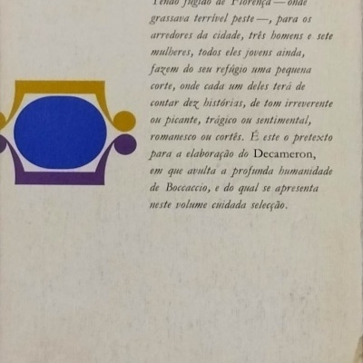 Página de livro com texto em português e ilustração abstrata colorida