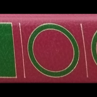 Lombada de livro vermelha com textos dourados e detalhes decorativos verdes