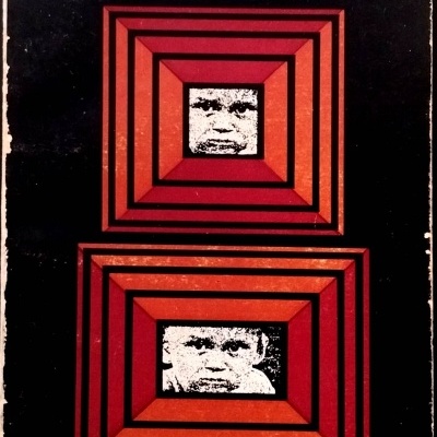 Capa de livro preto com título branco, rostos em molduras geométricas vermelhas