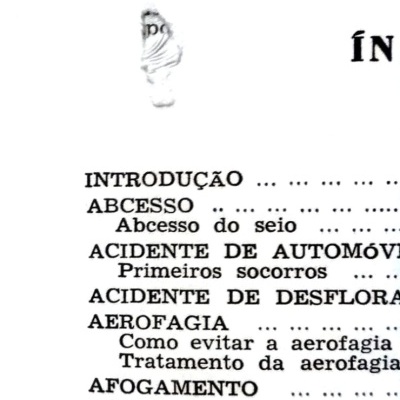 Página impressa com lista de temas médicos e de primeiros socorros em português europeu