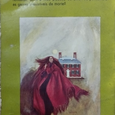 Capa de livro com ilustração mulher com casaco vermelho e casa vermelha no fundo