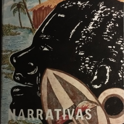 Capa de livro com rosto e elementos gráficos, título Narrativas dos Povos de Angola.