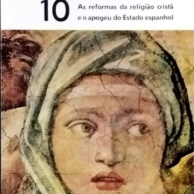 Livro História Universal 10 com imagem de pintura clássica de rosto feminino com véu.