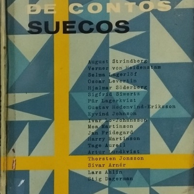 Livro 'Antologia de Contos Suecos' com padrão geométrico e texto em várias cores