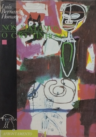 Capa de livro com título e autor, desenho abstrato colorido com figuras humanas e um cão.