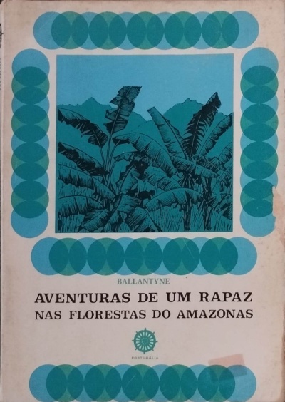 Capa de livro com ilustração azul de bananeira e moldura circular em tons azuis e verdes