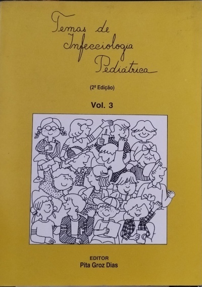 Capa amarela de livro Temas de Infecciologia Pediátrica Vol. 3 com ilustração de crianças.