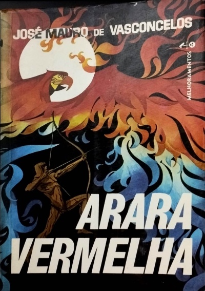 Capa de livro com arco e flecha e arara estilizada em fogo colorido e texto branco