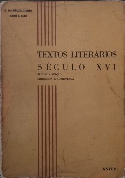 Capa de livro antigo Textos Literários Século XVI com texto e padrão listrado castanho.