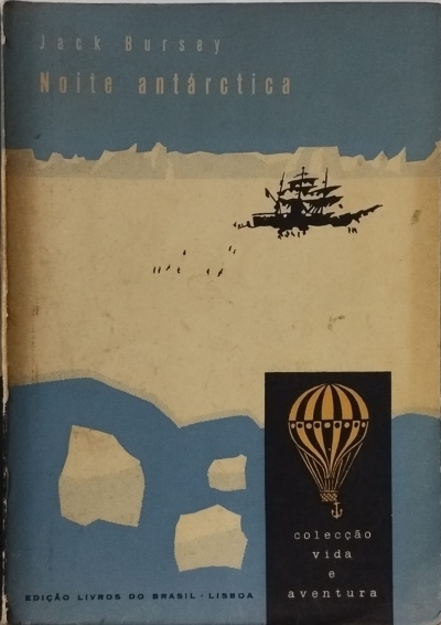 Capa de livro azul e bege com navio, icebergues e texto