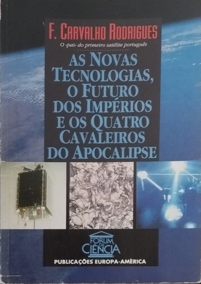 Capa de livro sobre novas tecnologias com imagens de satélite e cavaleiros do apocalipse