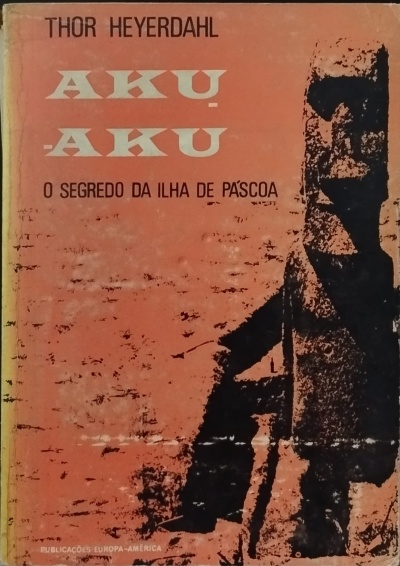 Capa de livro cor de laranja com estátua Moai e texto sobre Ilha de Páscoa