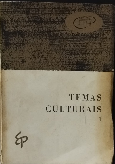 Capa de livro TEMAS CULTURAIS I em tons castanho escuro e bege com logótipo e iniciais EP