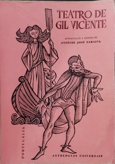 Capa rosa de livro com ilustração a preto de duas figuras e texto de teatro