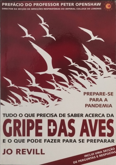 Capa de livro sobre gripe das aves com ilustração de aves e texto em português