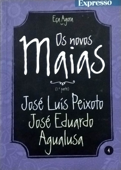 Capa de livro com texto Os novos Maias em fundo preto e borda roxa