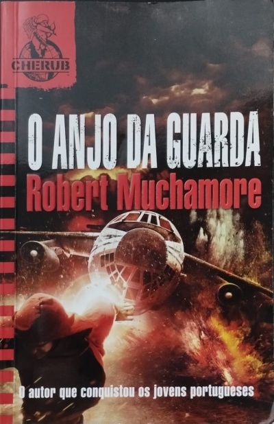 Capa do livro 'O ANJO DA GUARDA' de Robert Muchamore com avião em chamas e pessoa no fogo
