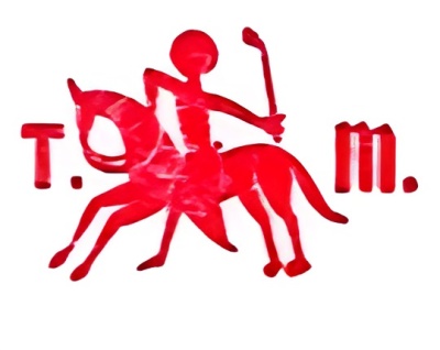 Símbolo vermelho de cavaleiro com letras T. e M. a lado em fundo branco