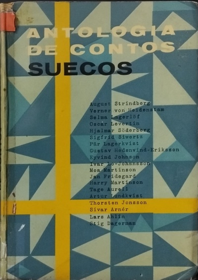 Livro 'Antologia de Contos Suecos' com padrão geométrico e texto em várias cores