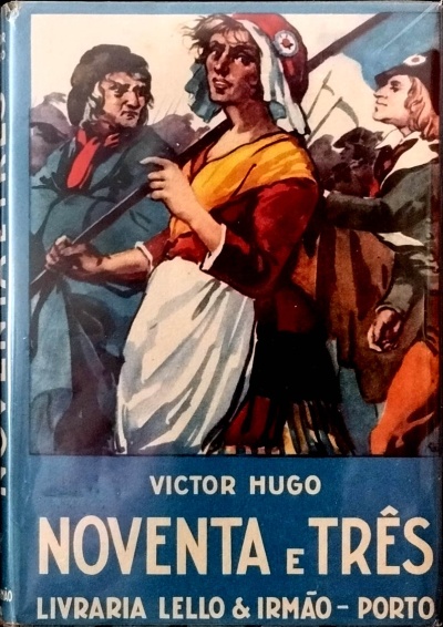Capa de livro Noventa e Três de Victor Hugo com ilustração de três pessoas em roupa antiga