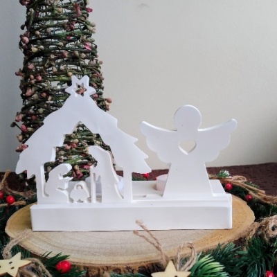 Porta-Velas Presépio com Anjo em Gesso Perfumado/Pó Cerâmico (Refª GPN004)