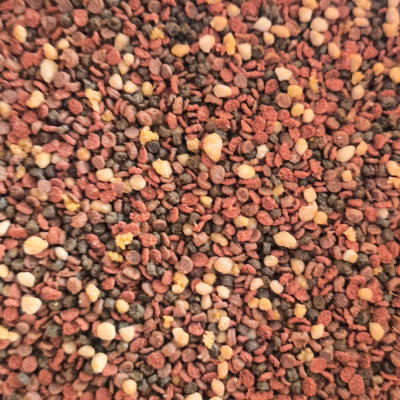 Grânulos coloridos em vermelho, castanho, preto e amarelo