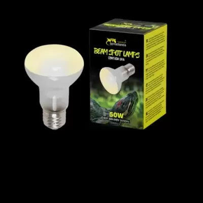 Lâmpada branca com base metálica e caixa preta e amarela com texto e imagem de tartaruga