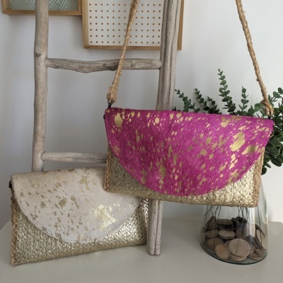 Mala mão/tiracolo em juta e pele