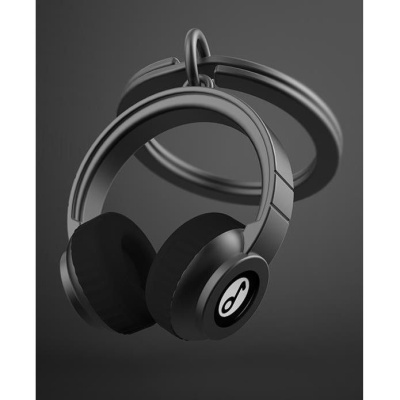 Chaveiro preto com forma de auscultadores e símbolo branco e preto