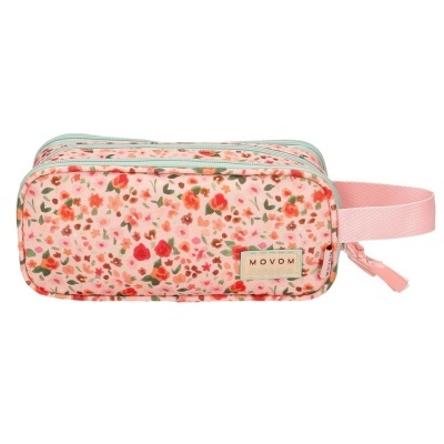 Estojo floral rosa com fecho verde-água e etiqueta MOVOM