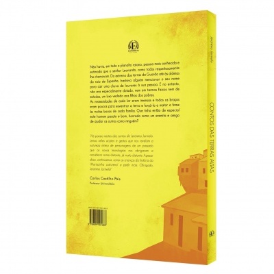 Contracapa do livro amarelo com texto em português e ilustração de casa laranja