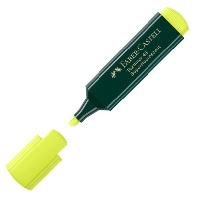 Marcador de texto amarelo fluorescente Faber-Castell com tampa removida