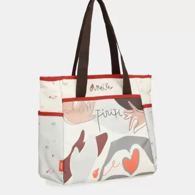 Saco tote branco com alças castanhas e padrão colorido abstrato com texto Anekke