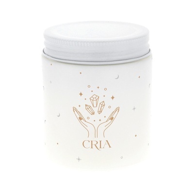 Frasco branco com tampa e ilustração dourada de mãos e cristais