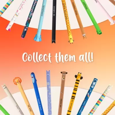 Canetas decorativas com personagens no topo em fundo laranja e rosa com texto 'Collect them all!'.