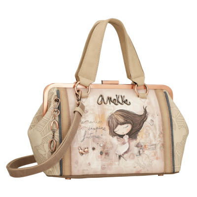 Mala retangular bege com ilustração de menina e texto Anekke