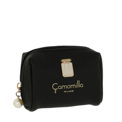 Necessaire preta Camomilla Milano com aplicação dourada e pendente de pérola