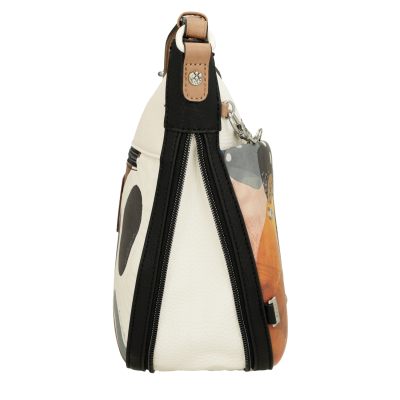 Mala de mão com padrão colorido e detalhes em pele sintética