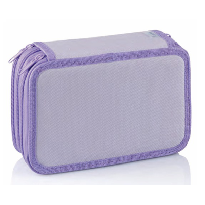 Estojo escolar lilás com três compartimentos e zíperes