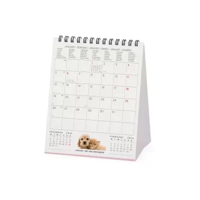 Calendário de mesa mensal com foto de cão e espiral preta