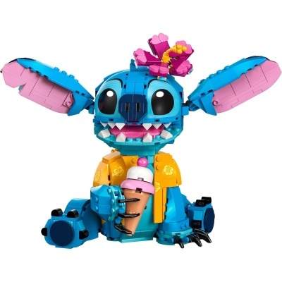 Boneco de blocos Stitch azul com sorvete e flor