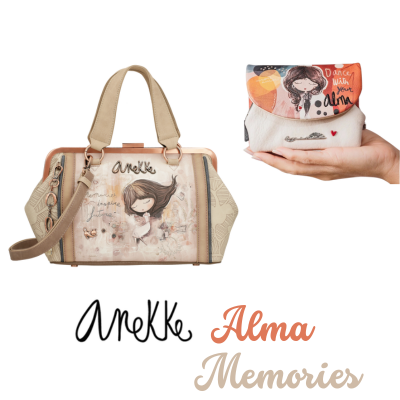Conjunto mala e carteira Anekke Alma Memories bege com ilustração rapariga