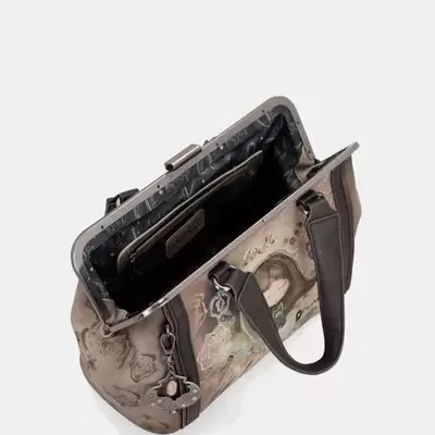 Mala castanha sintética com padrão floral e alças pretas, aberta, vista de cima