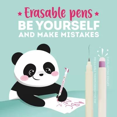 Ilustração de panda a escrever com caneta apagável e duas canetas finas com texto em inglês.