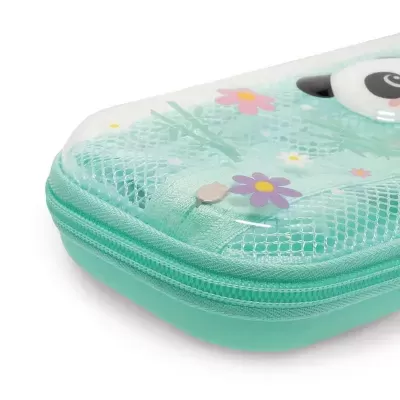 Estojo verde água com fecho e desenho de panda com flores