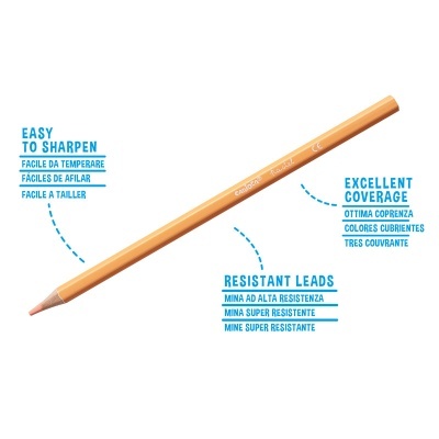 Lápis de cor laranja com texto azul explicativo em fundo branco