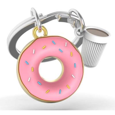 Porta-chaves com pendentes de donut rosa e copo de café