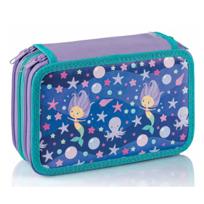 Estojo escolar com design de sereias, estrelas-do-mar e polvos em fundo azul