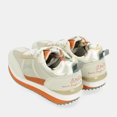 Sapatilhas femininas creme, laranja e prateado com logótipos AMELIE